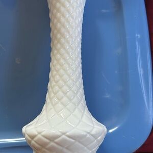 Vintage White Milk Glass Bud Vase - Quilted Diamond Glass - 9" Vase